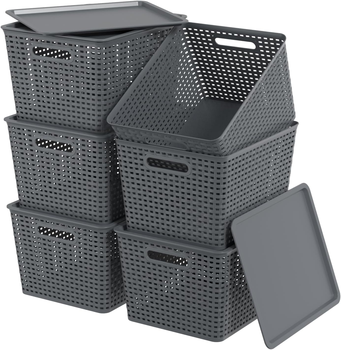 Zopnny 8 Pack Plastic Shelf Organizer Baskets, Small Storage Bins with Lid | Woven-Style Baskets with Lids, Stackable Space-Saving Design, Gray, Ideal For Pantry, Closet, Bathroom