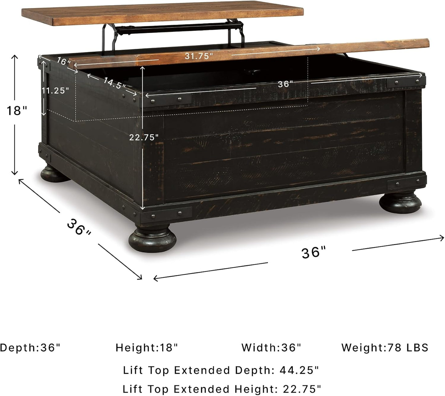 Signature Design by Ashley Lift Top Coffee Table with Storage, Farmhouse | Pine veneers, wood & engineered wood, Split-top spring lift, Hidden trunk storage, 36-in square footprint, Valebeck Series