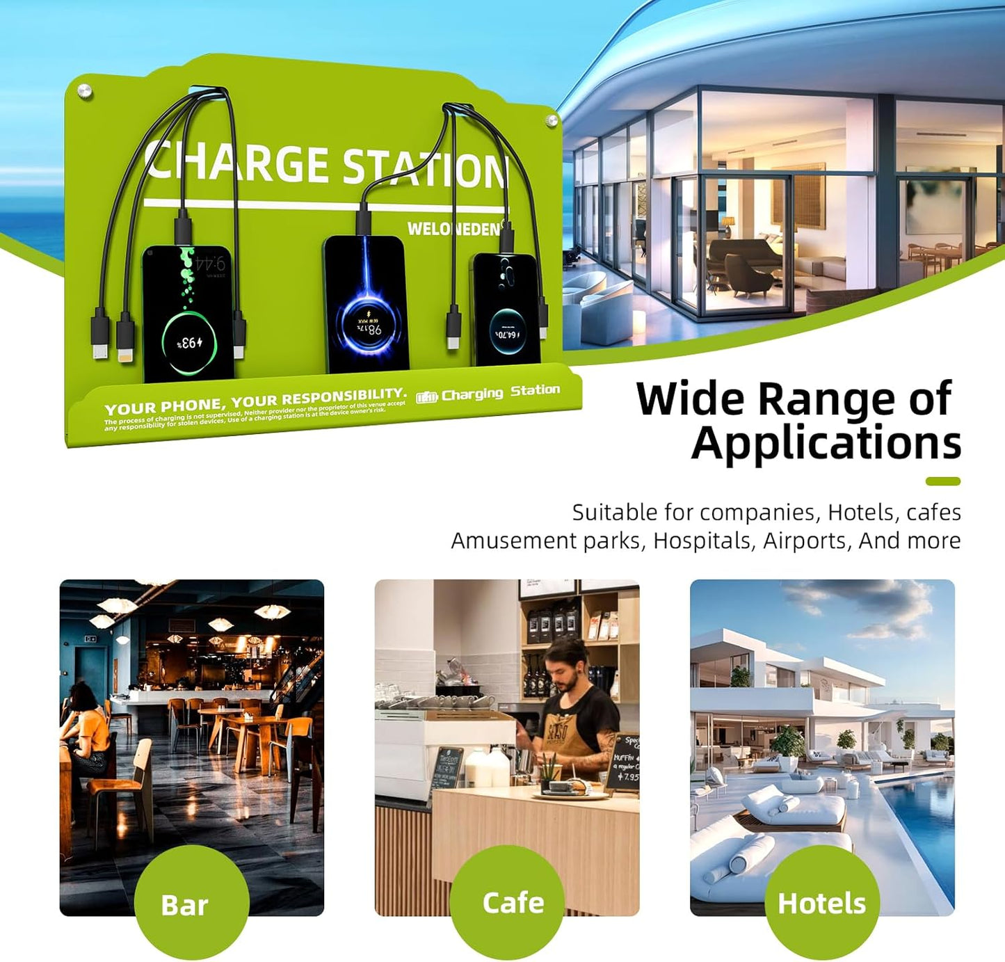 Wall Mounted Cell Phone Charging Station Mobile Phone Charging Station | Fast Charging 8 Device | Compatible with iPhone ipad Smartphone Tablets Port | Great for Offices Hotel Hospital Airport (Green)
