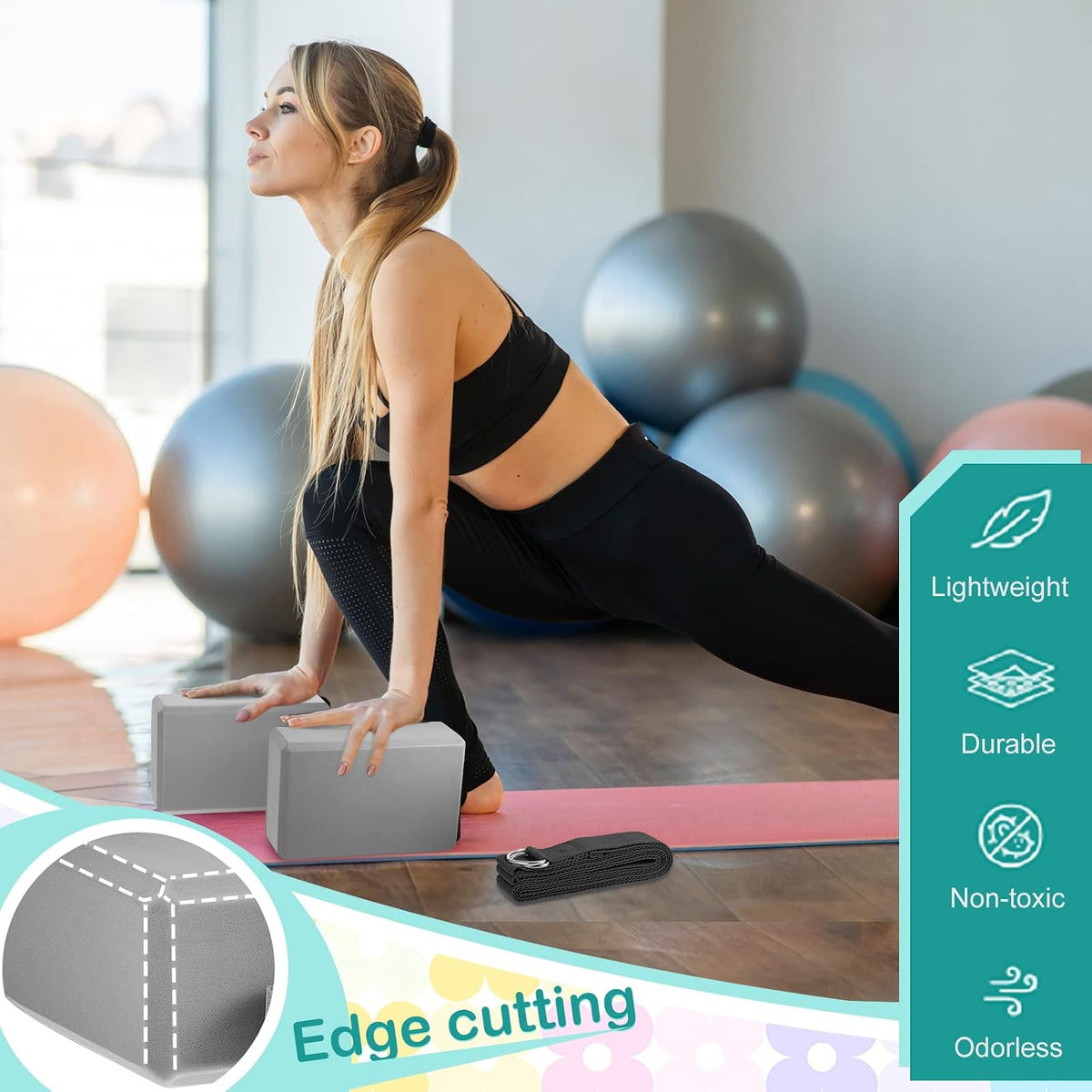Meooeck 18 Pcs Yoga Blocks and Strap Set Include 12 EVA Foam Yoga Blocks Bulk 9"x6"x3" with 6 Adjustable 8 ft Straps D Ring Non Slip Props for Stretching Pilates Workout Studio Home Gym