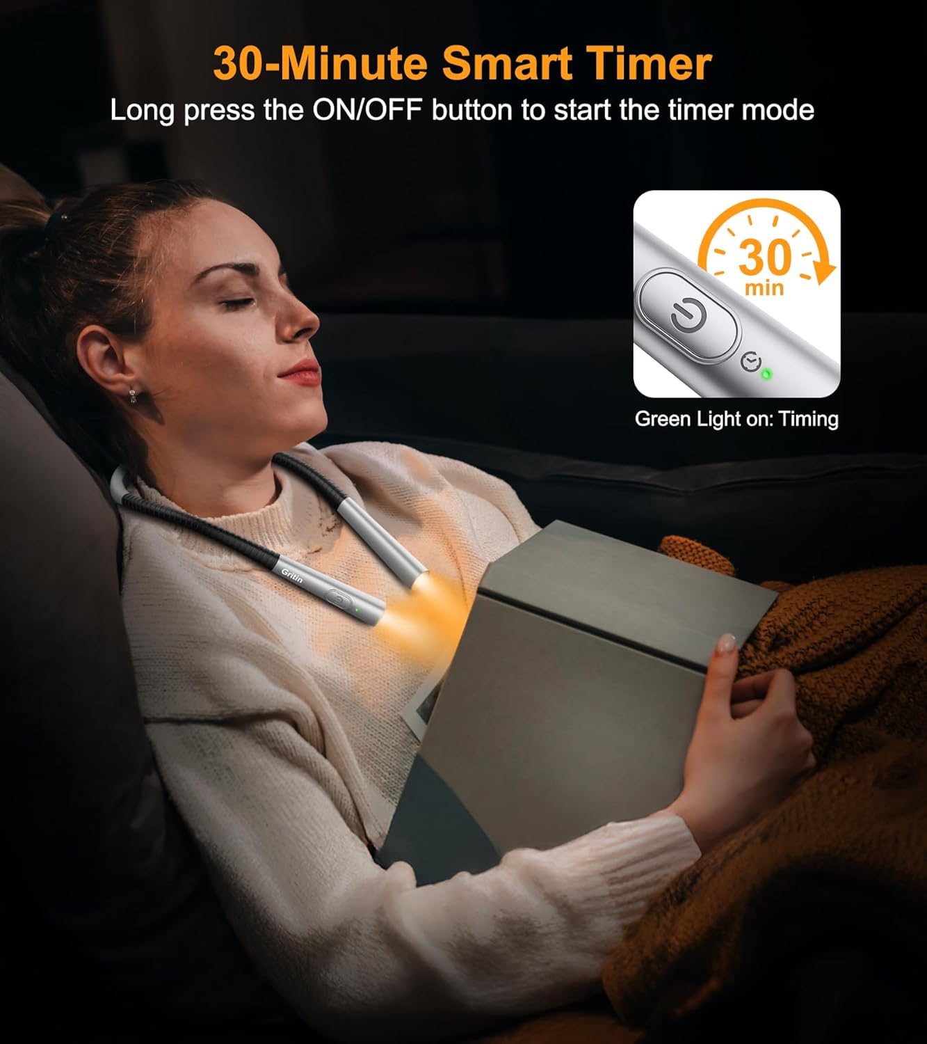 Gritin Book Light, Eye Caring 4-Color & 5-Brightness Neck Light Reading Light- Stepless Dimming,30-min Timer,80+ Hrs Runtime,Bendable Round Neck Design, Lightweight for Reading, Knitting, Repairing