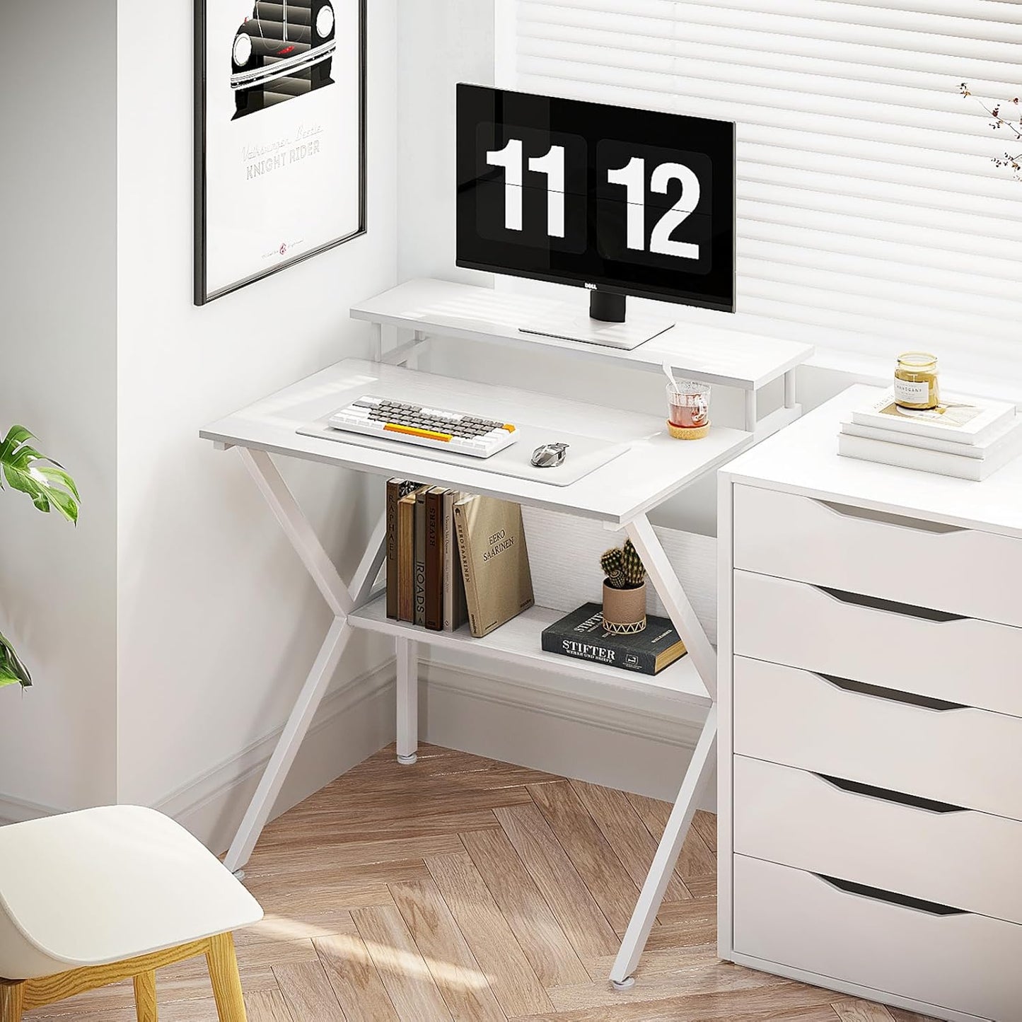 ODK Small Computer Desk, 27.5 inch Desk for Small Spaces with Storage, Compact Table with Monitor & Storage Shelves for Home Office, Modern Style Laptop Desk, Pure White