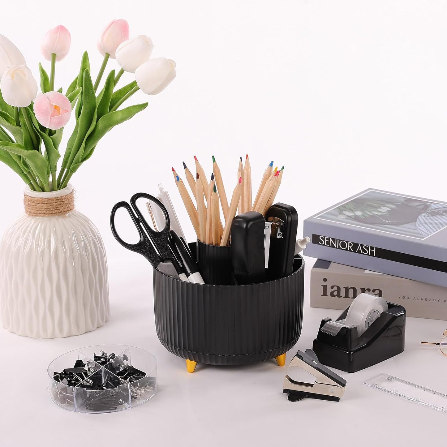 SKYDUE Black Office Supplies, Black Office Desk Accessories 10PCS, Pencil Holder for Desk, Stapler, Tape Dispenser, Scissors, Ruler, Clips and 1000pcs Staples, Desk Supplies Set