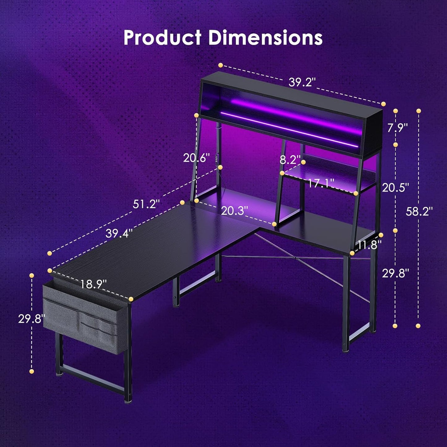 AODK L Shaped Gaming Desk with Led Lights, 51 Inch Reversible Gaming Computer Desk with Display Shelves, PC Gamer Desk Gamer Table with Storage Bag, L Desk for Game, Black