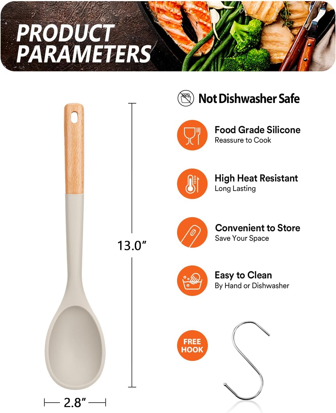 Badiano Large Silicone Cooking Spoons, Nonstick Solid Wooden Handle,13.2in
