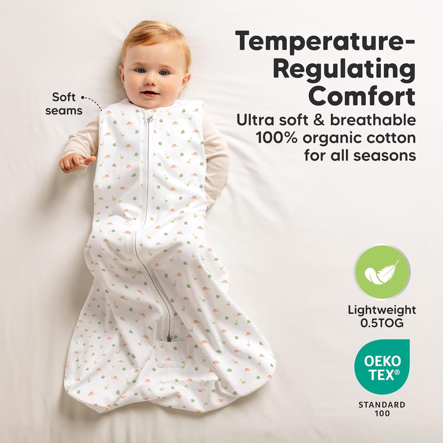 2-Pack Baby Sleep Sacks, Zipper Wearable Blanket - 0.5TOG Organic Cotton,Lightweight,Soft Cozy Toddler Sleeping Sack 6-12 months, Easy to Wear Large Newborn Transition Swaddles Sleepsacks(Roarsome, M)