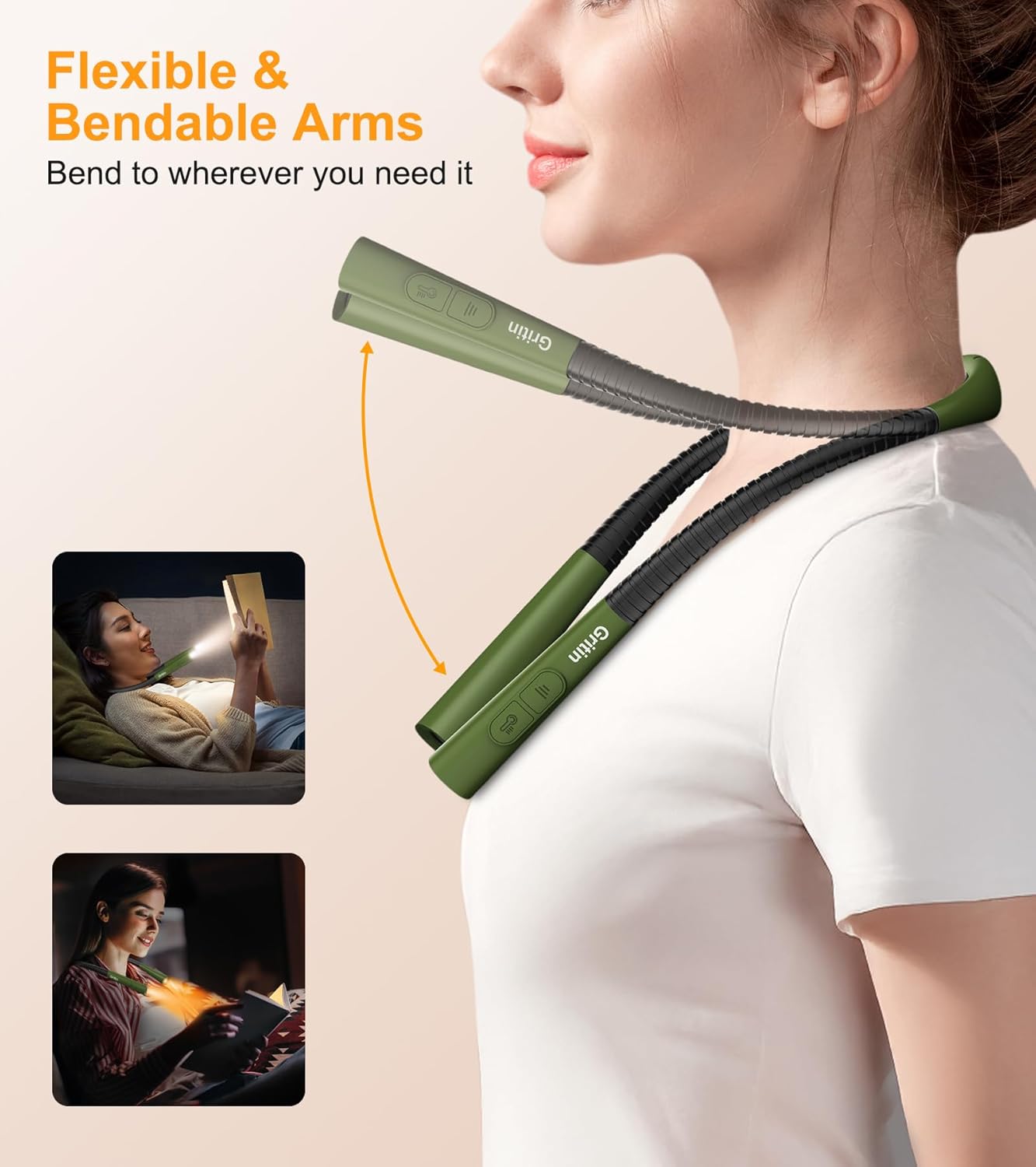 Gritin Book Light, Eye Caring 4-Color & 5-Brightness Neck Light Reading Light- Stepless Dimming,30-min Timer,80+ Hrs Runtime,Bendable Round Neck Design, Lightweight for Reading-Deep Green