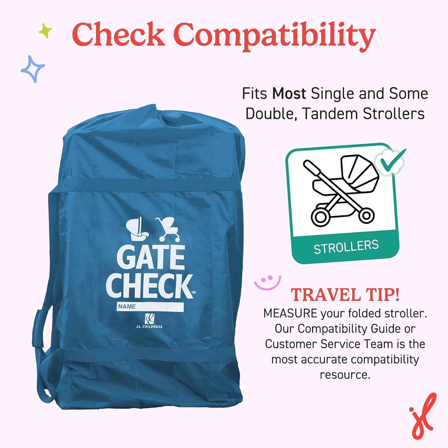 J.L. Childress Gate Check Bag for Single & Some Double Strollers - Travel Bag for Airplane, Fits Most Standard Baby Strollers, Airport Accessories Gate Check, Flying Essentials - Deluxe, Blue