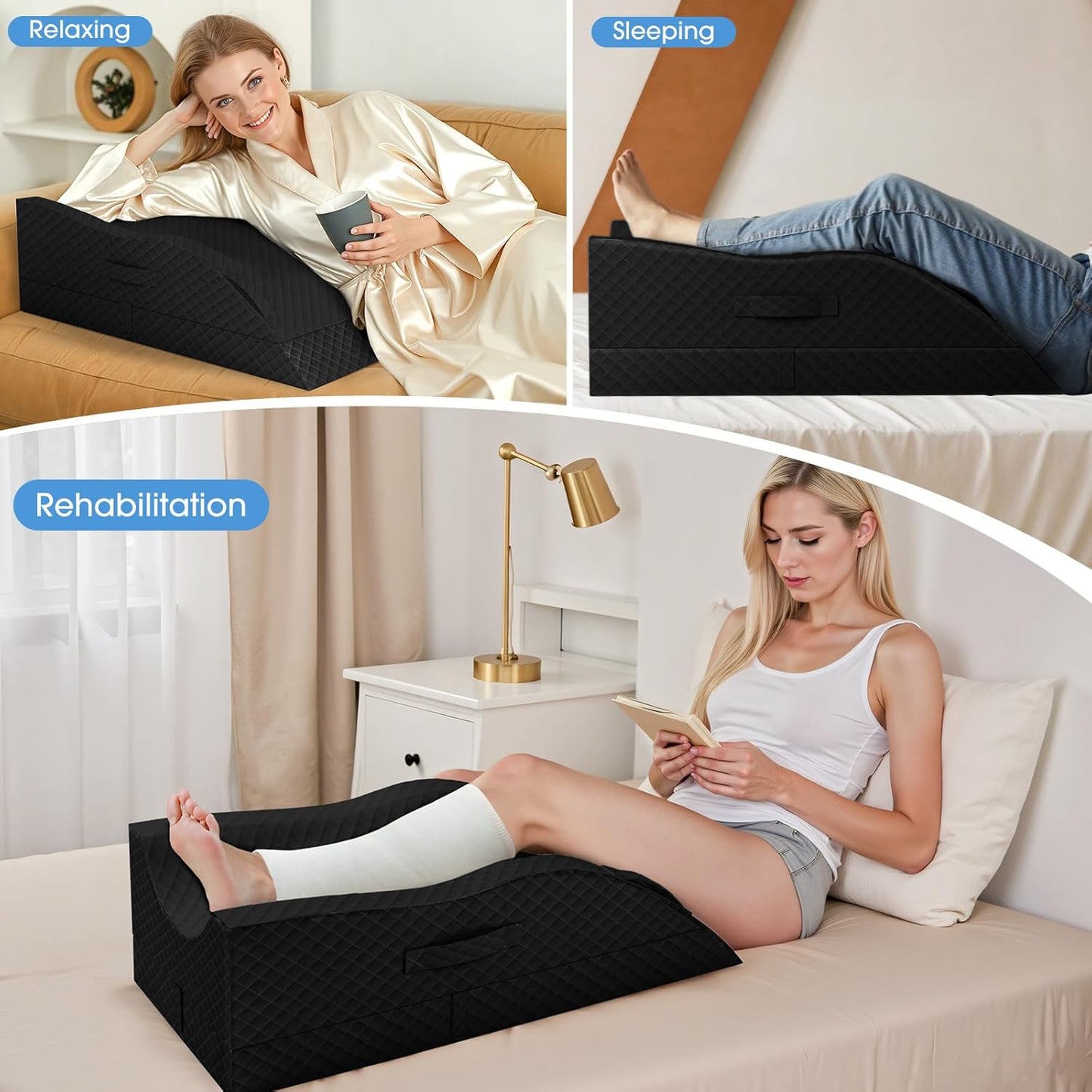 TranquilRelax Elevation Pillows for Leg After Surgery, Memory Foam Adjustable Wedge Pillow for Injury or Rest, Ankle Pillow for Sleeping Blood Circulation, Full-Black/Single Leg