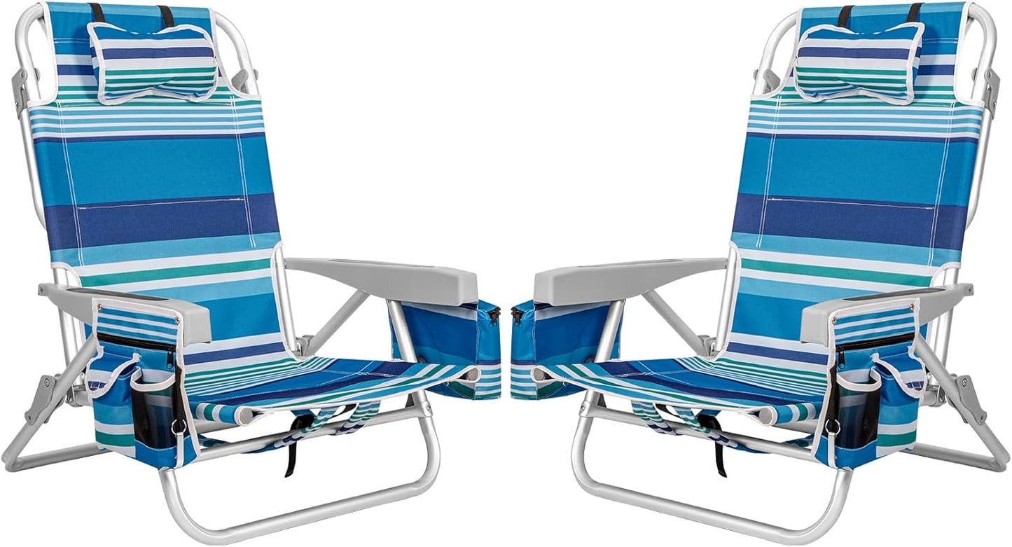 2Pk Aluminum Extra Wide 5-Position Lay Flat Folding Backpack Beach Chairs for Adults, with Cooler Bag, Cup&Phone Holder, Towel Bar for Outdoor Lawn Picnic Sport, Portable Camping Chairs, Blue Stripes