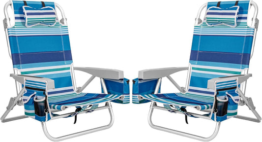 2Pk Aluminum Extra Wide 5-Position Lay Flat Folding Backpack Beach Chairs for Adults, with Cooler Bag, Cup&Phone Holder, Towel Bar for Outdoor Lawn Picnic Sport, Portable Camping Chairs, Blue Stripes