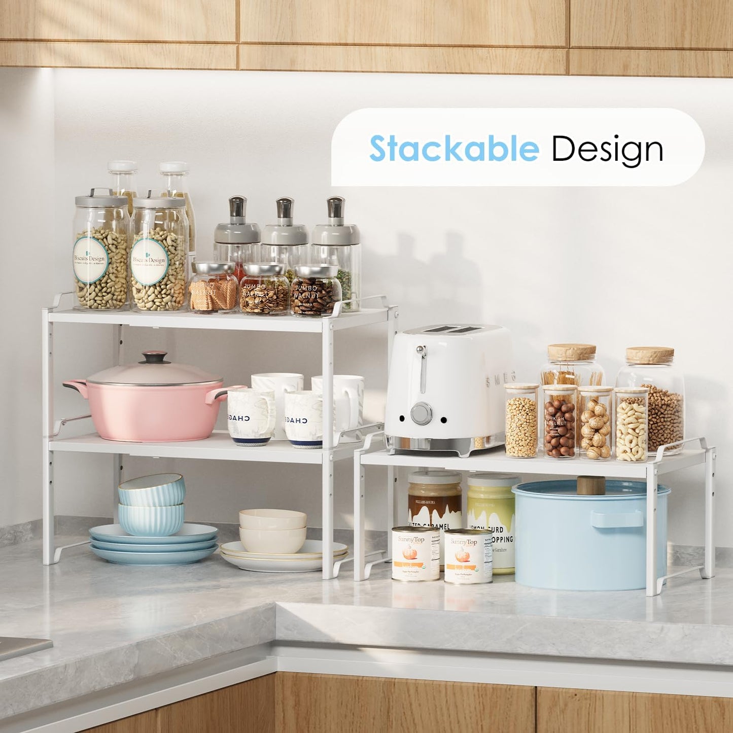 2 Pack 11” Width Expandable Kitchen Cabinet Organizer Shelves, Heavy Duty Kitchen Countertop Organizers and Storage Rack, Stackable Metal Small Storage Shelf For Pantry Counter Cupboard Organization