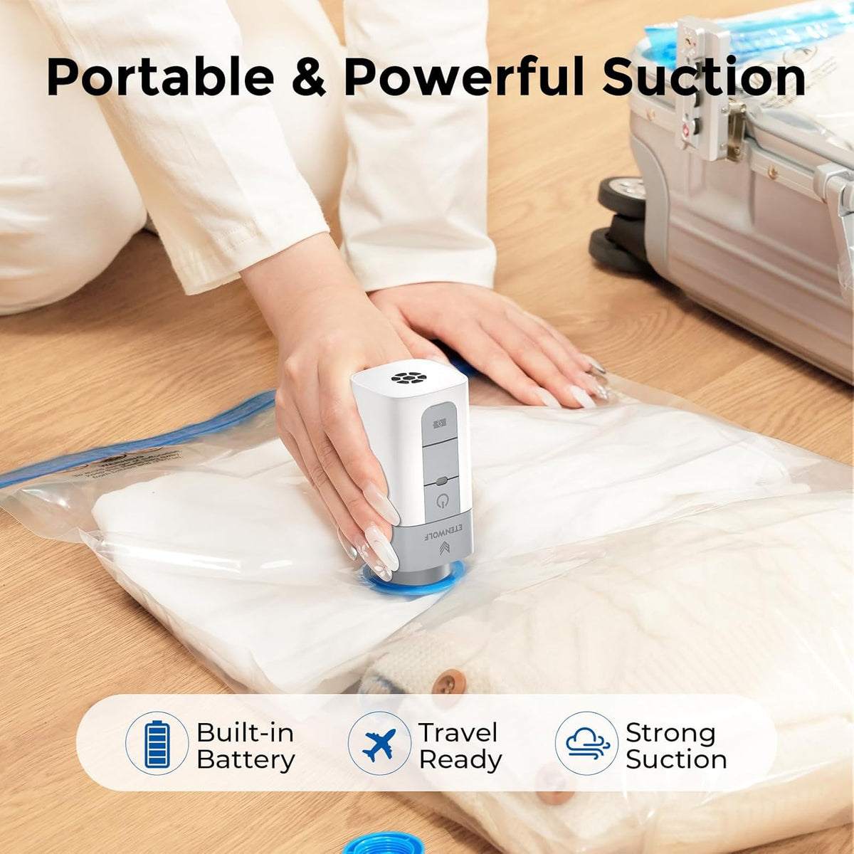 ETENWOLF Vacuum Storage Bags for Travel with Rechargeable Wireless Pump, Vacuum Seal Bags for Clothes and Travel, Space Saver Bags in Carry-On Sizes, Perfect for Luggage and Suitcases, 12 Combo