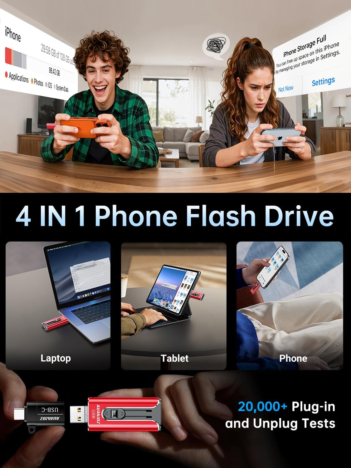 256GB Flash Drive for iPhone Photo Stick USB Memory Stick, Portable Thumb Drive for Photo Video Storage and Transfer, Compatible with iPhone, iPad, Android, PC (Red)