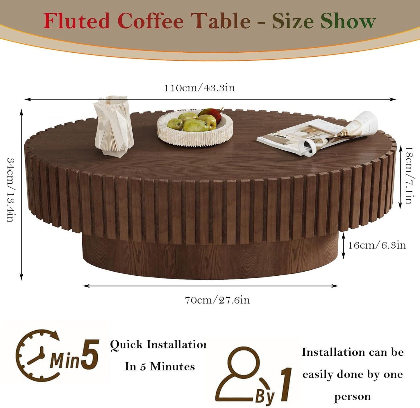 Handcraft Fluted Coffee Table with Sturdy Pedestal (Oval Walnut 43.3in) | 43.3" Oval Drum Center Tables | for Living Room Apartment Farmhouse | Easy to Assembly