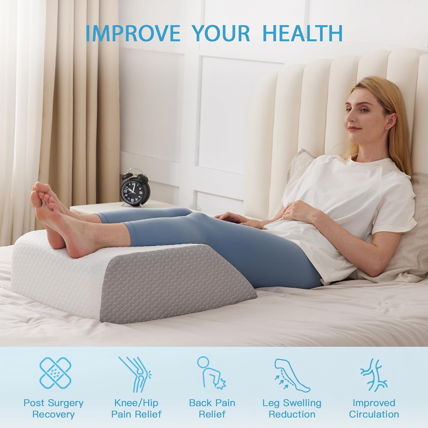 MEGCXIT Leg Pillow Elevation Blood Circulation, Leg Wedge for Elevation for Swelling, Leg Elevating Pillow for After Surgery, Memory Foam Foot Knee Pillow for Back Sleeping 23.6×16.8×8 Inch White/Grey