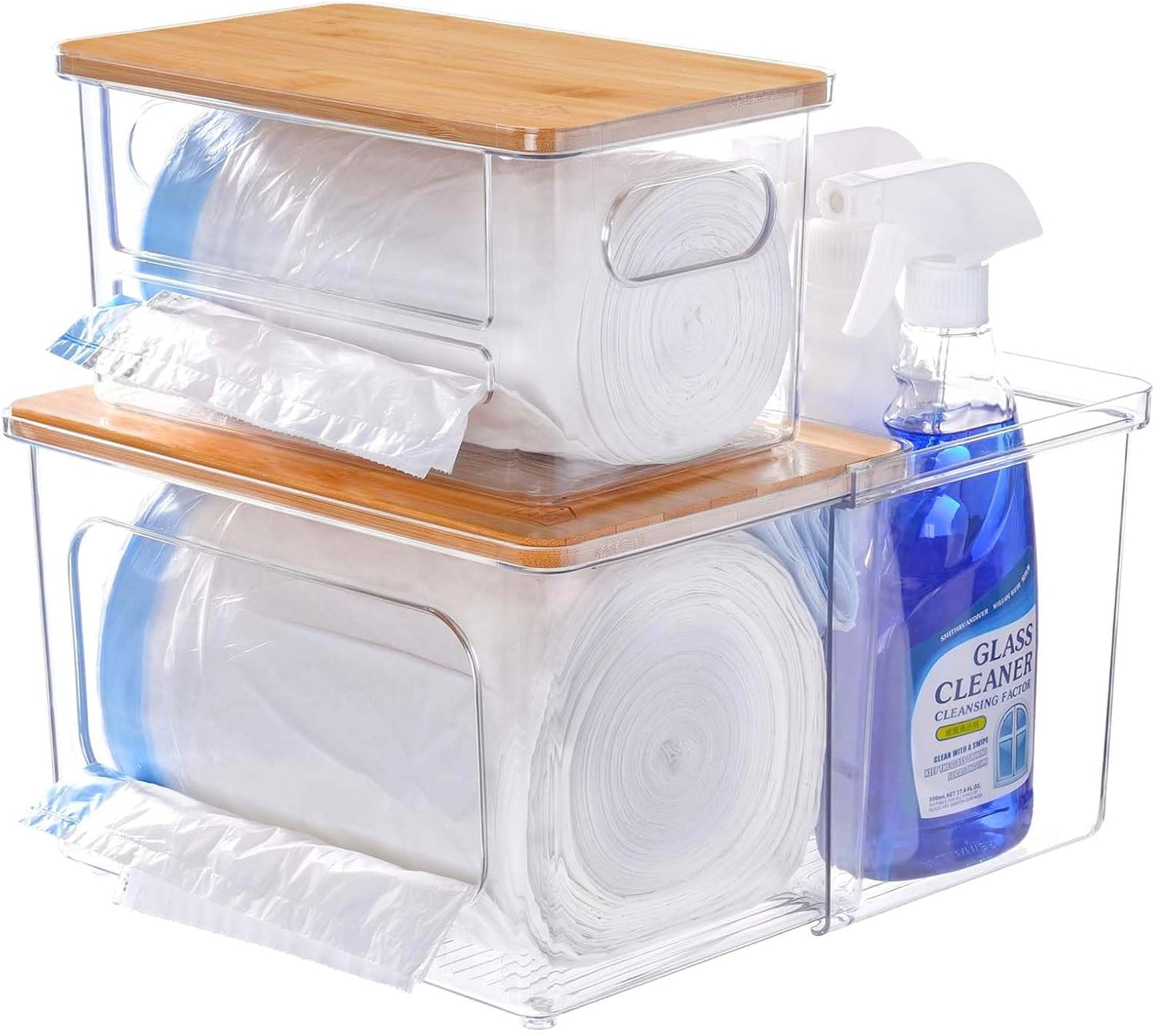 iCASA Trash Bag Dispenser Holder - 2 in 1 Acrylic Under Sink Organizer Garbage Bags Container with Bamboo Lid, Holds up to 100 Count 13/30/33 Gallon Bag Roll for Kitchen, Pantry, Laundry Room Storage