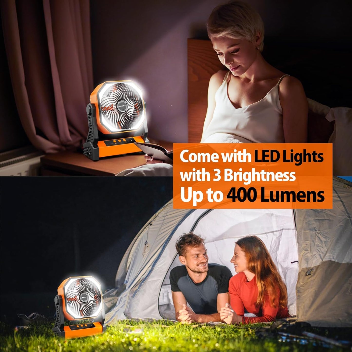 20000mAh Battery Powered Camping Fan, 58Hrs Rechargeable Portable Fan, 400LM Light, 360° Hook, Whisper Quiet Battery Operated Fan for Outdoor Car Travel Gear Essentials Power Outages Co-brand AMACOOL
