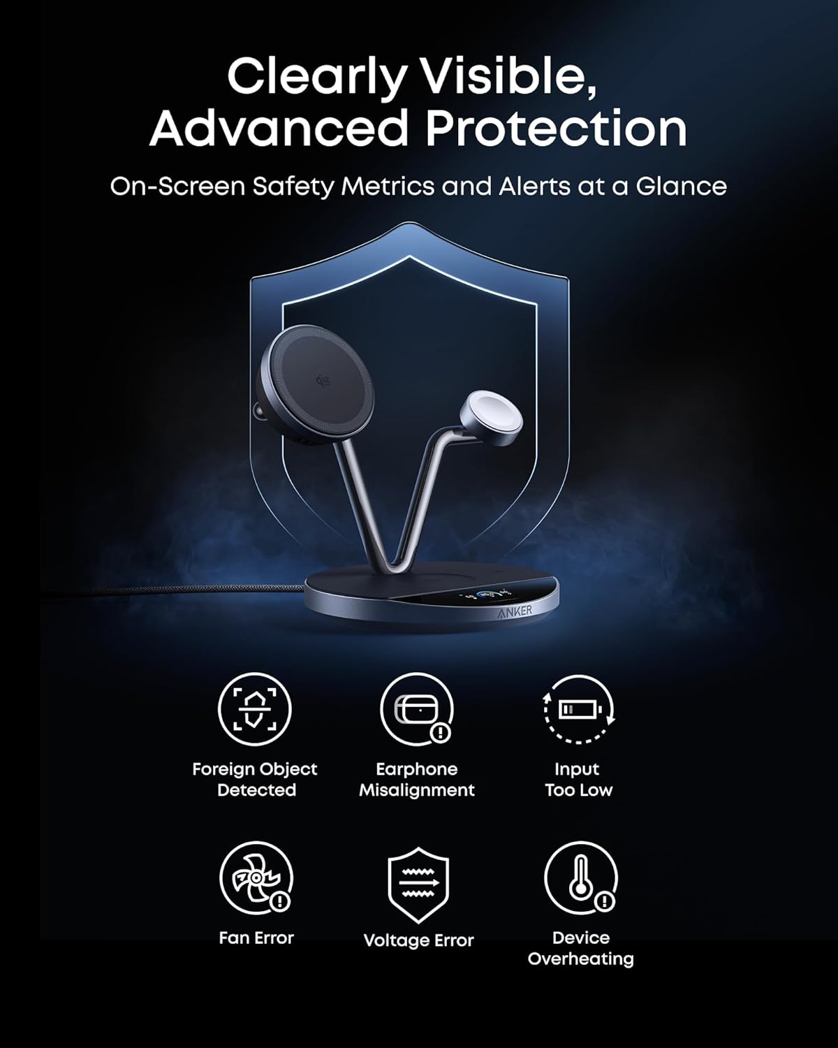 Anker Prime 3-in-1 Charging Station, Qi2.2-Certified 25W Wireless Charger Dock Stand, MagSafe Compatible, Smart Display with TEC Active Cooling, for iPhone 17, Apple Watch, AirPods, and More