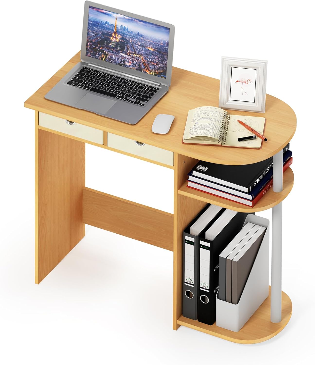 Furinno Go Green Desk, 31.5" Wide Gaming Desk with 2 Side Shelves and Storage Bins, Computer Desk, Office Desk for Home Office, Study Room, Dorm, Bedroom, Beech
