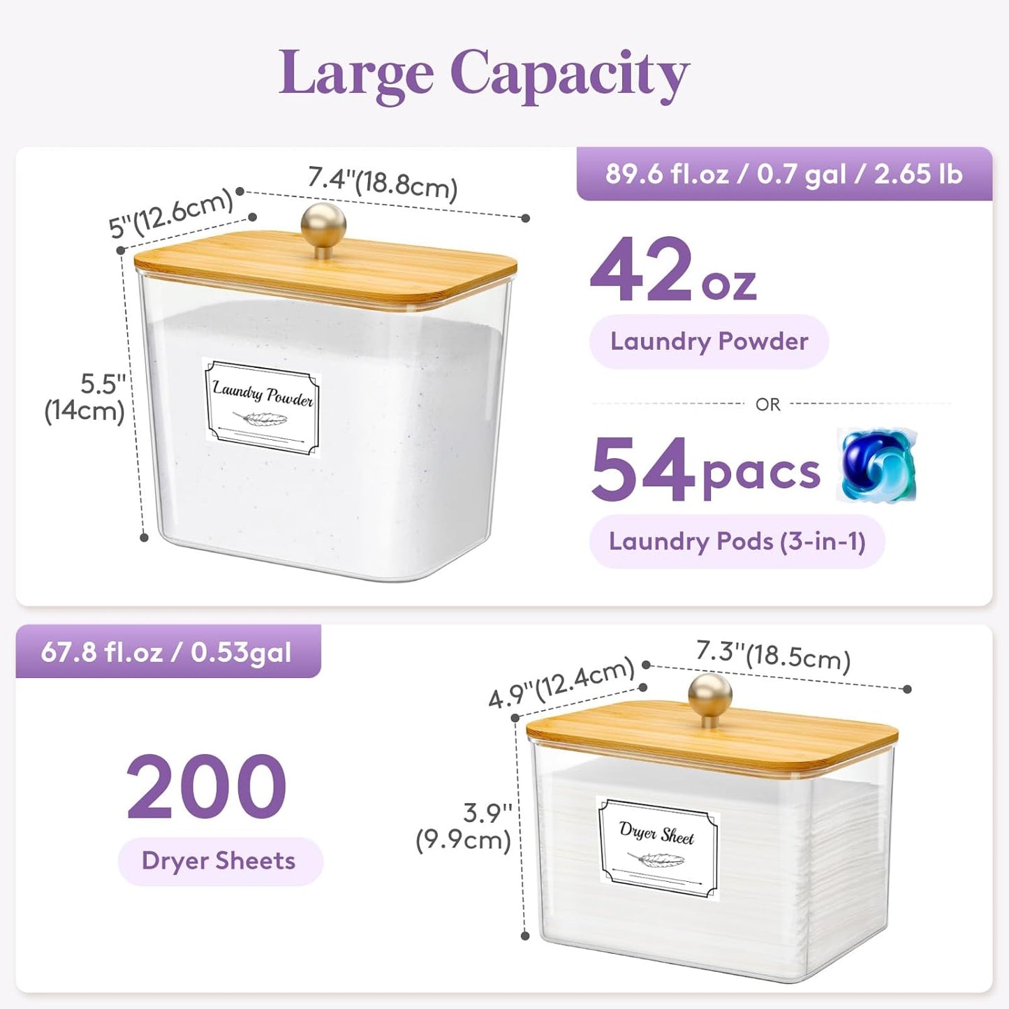 Lifewit Laundry Pods Container with Lid, Dryer Sheet Holder, Room Organization Storage for Coffee Pods Kcup Washing Powder, Scent Booster Beads, 2600 +2000ml/0.53+0.7gal，Natural,4 Pcs