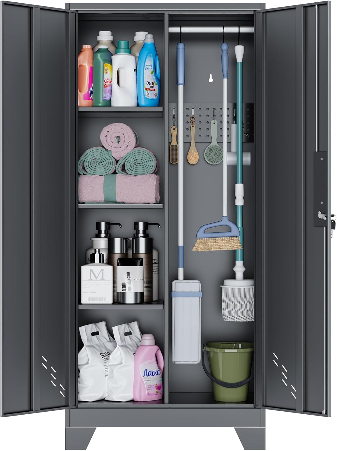 OSEILLC Metal Storage Cabinet with Locking Doors, 61" Tall Garage with Hanging Rod, Broom Closet, Freestanding Bathroom Storage Cabinet, Cleaning Tool,Utility Cabinets for Storage Locker,Black