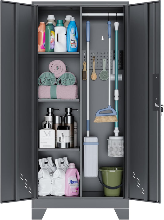OSEILLC Metal Storage Cabinet with Locking Doors, 61" Tall Garage with Hanging Rod, Broom Closet, Freestanding Bathroom Storage Cabinet, Cleaning Tool,Utility Cabinets for Storage Locker,Black