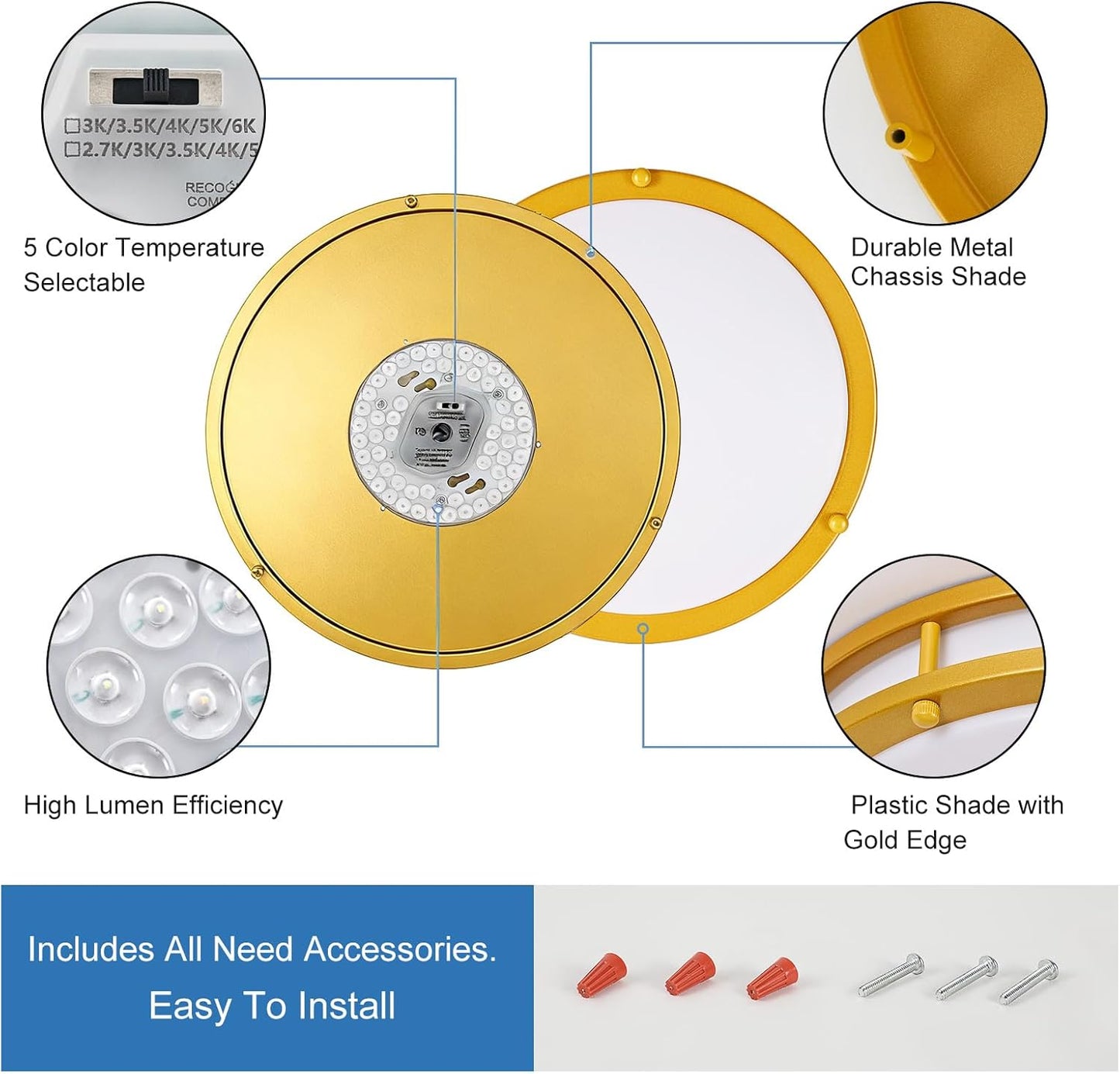 DLLT Flush Mount LED Ceiling Light: 10 Inch 5CCT (3000K-6000K) & Dimmable Ceiling Light Fixtures for Bedroom Hallway - 18W Modern Gold 1600LM Super Bright Kitchen Lighting Fixtures Ceiling