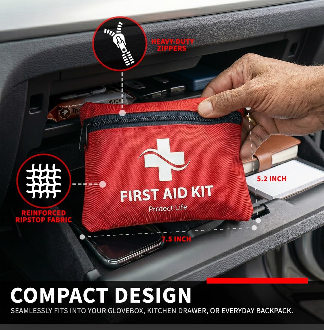 Protect Life Doctor Developed Mini First Aid Kit, 100 Piece Waterproof Emergency Kit for Car, Boat, Camping & Travel, Includes Emergency Blanket, Tourniquet & First Aid Guide