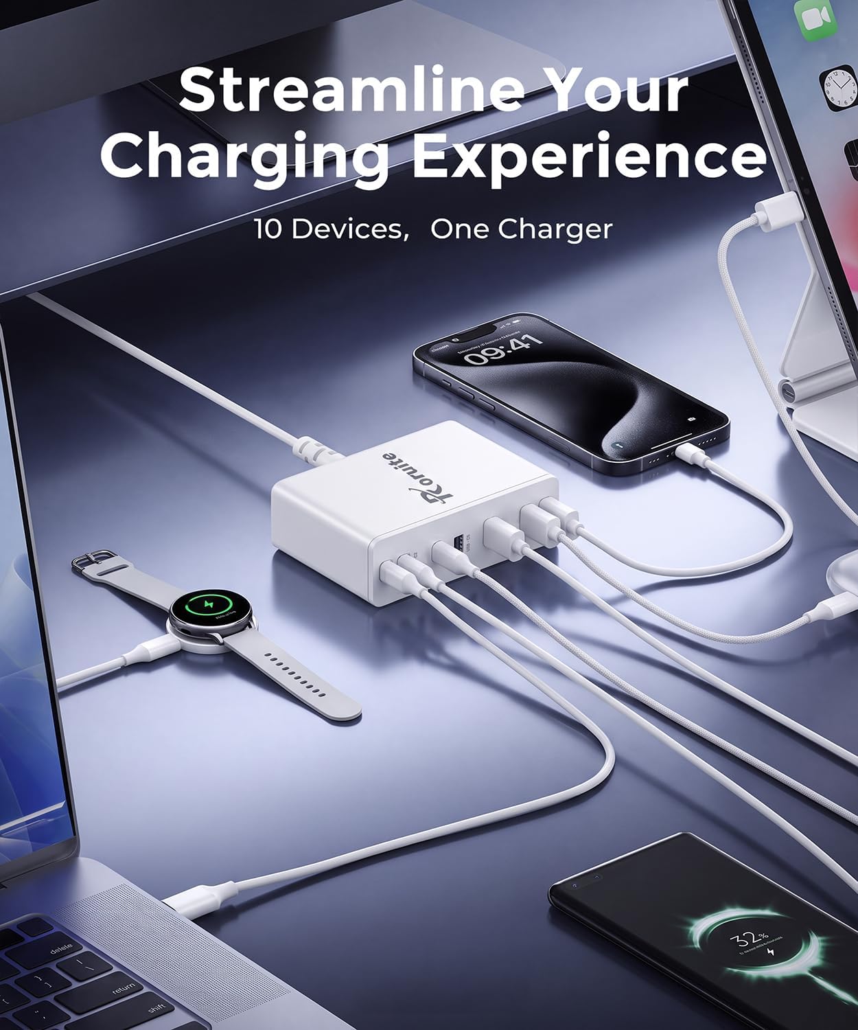 USB C Charging Station 10 Port with 4 Cables,245W GaN Charger Block | Type C Wall Charger Power Strip Adapter Plug for iPad iPhone17 16 15 14 13 12 Pro Max Pixel Note Galaxy White