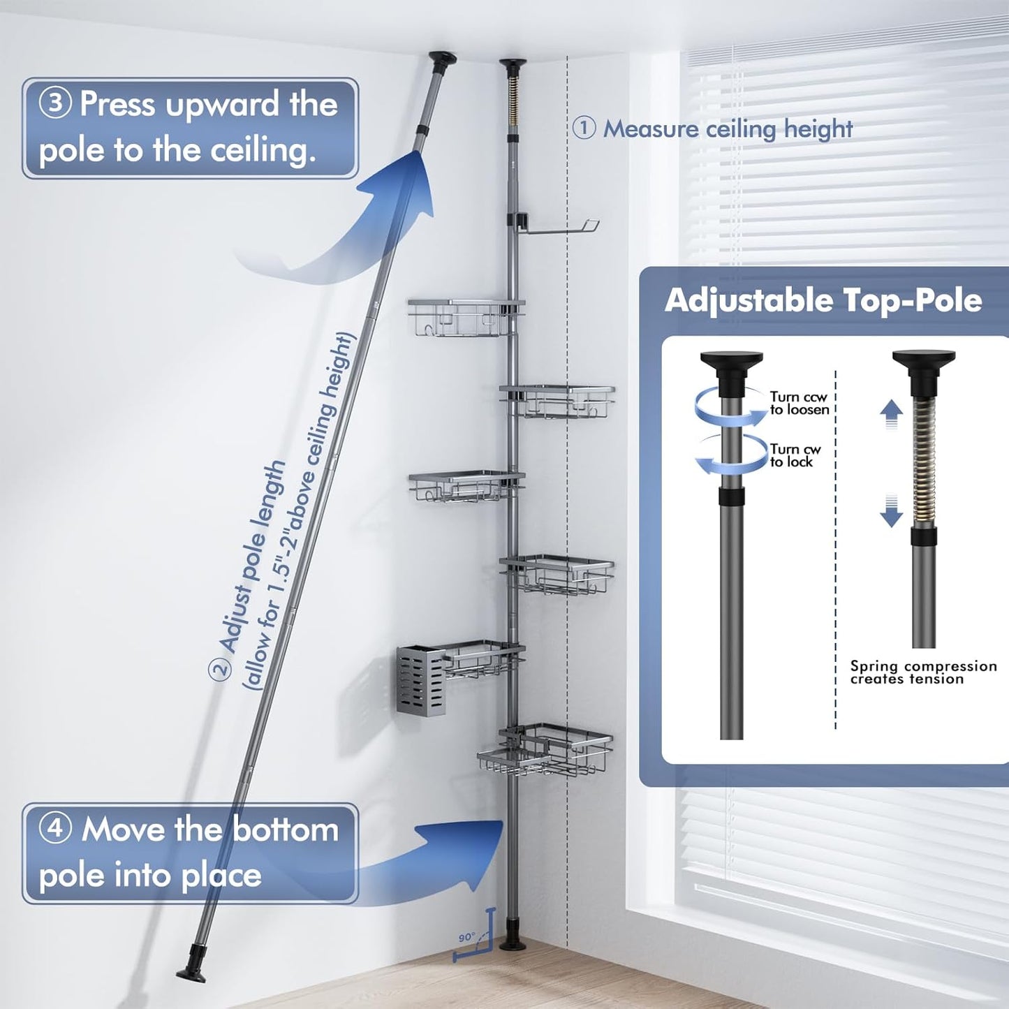 Vatex Corner Shower Caddy Tension Pole,30-120 Inch Adjustable Shower Organizer, 6-Tier Shower Shelves with Towel Rack/Toothbrush Holder/Soap Dish, Bathroom Corner Storage Rust-Resistant