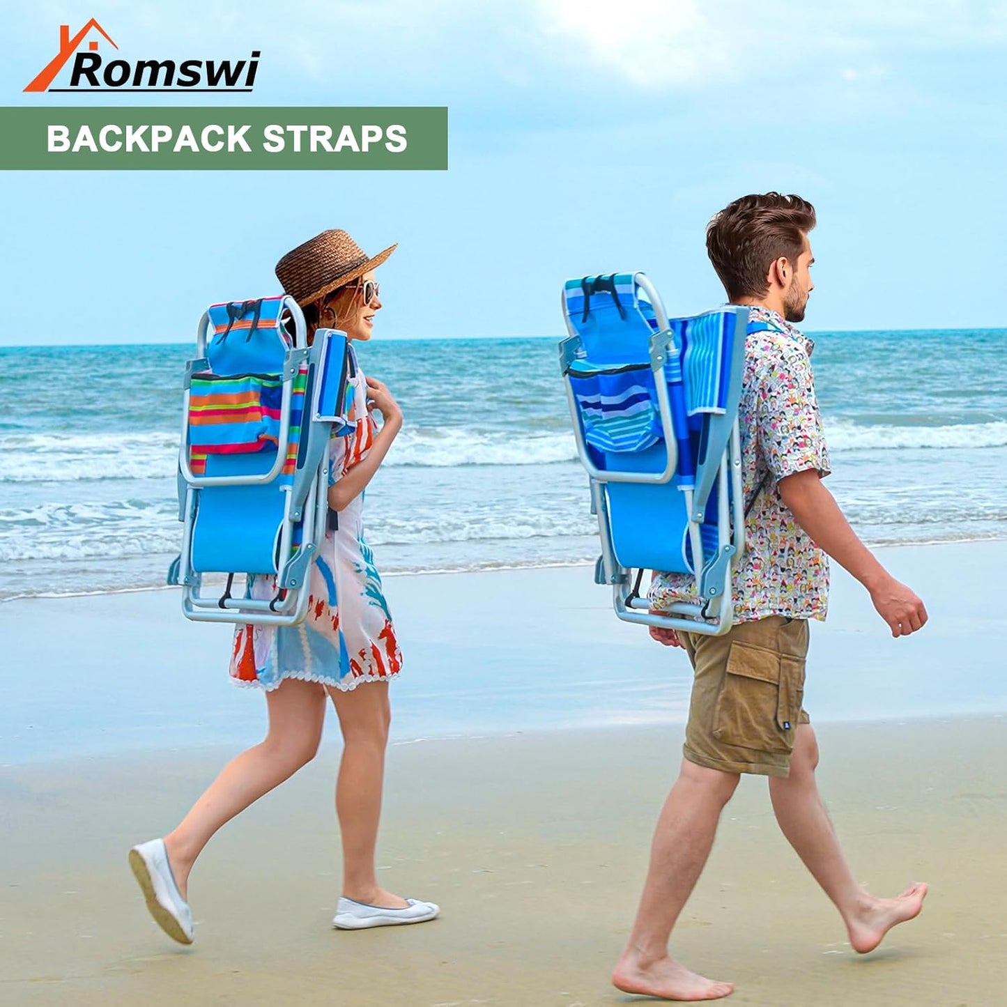 2Pk Aluminum Extra Wide 5-Position Lay Flat Folding Backpack Beach Chairs for Adults, with Cooler Bag, Cup&Phone Holder, Towel Bar for Outdoor Lawn Picnic Sport, Portable Camping Chairs, Blue Stripes