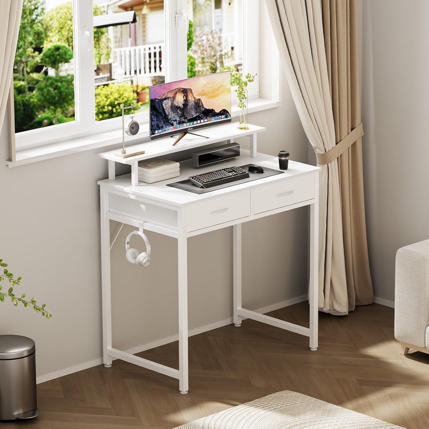 DUMOS 31.5" x 19.7" Compact Computer Desk with Monitor Stand and 2 Drawers, Small Writing Desk with Drawers for Home Office, Study Table for Small Spaces, White