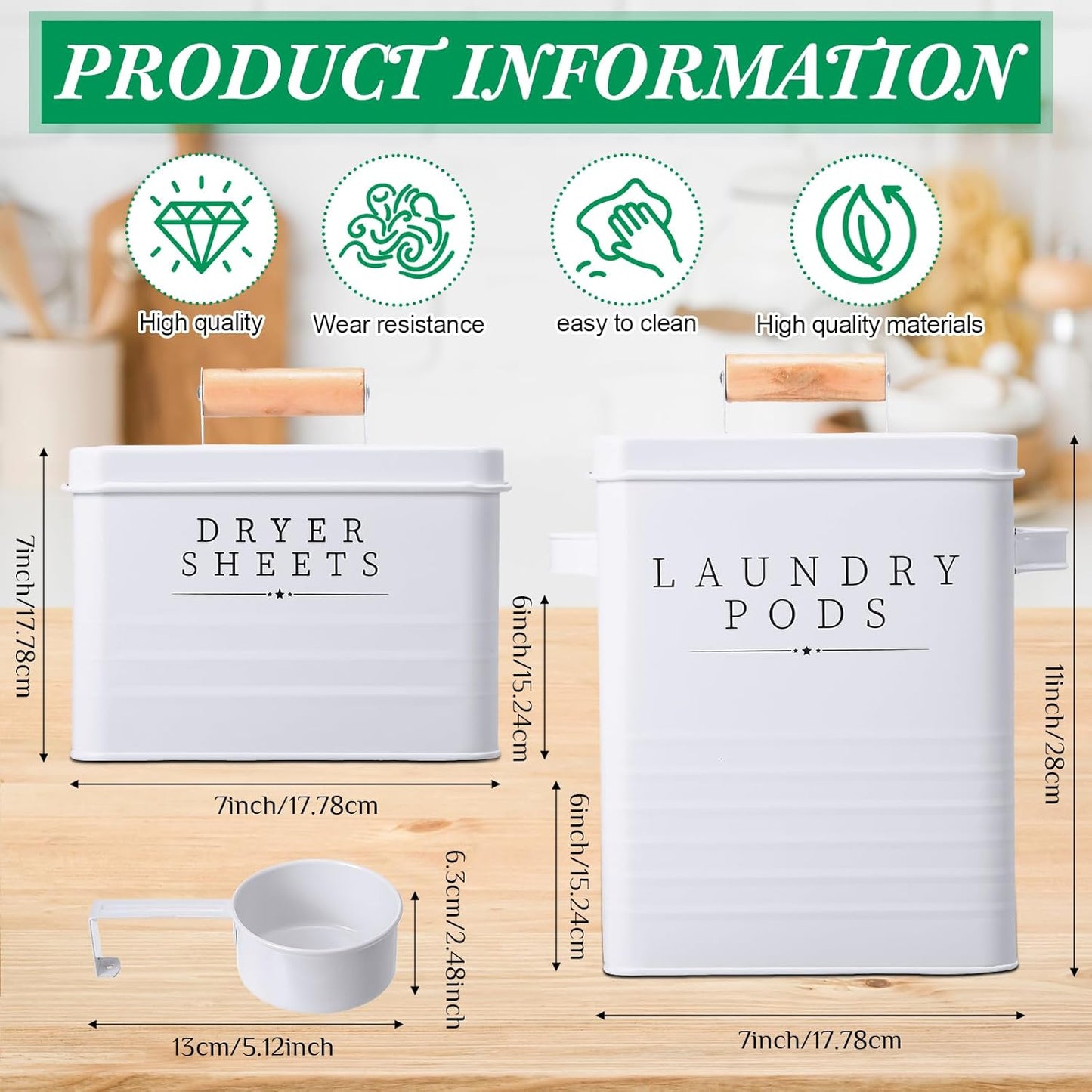 Yaocom 2 Pcs Laundry Pod Container with Dryer Sheet Holder Farmhouse Laundry Room Decor Organization and Storage Detergent Container Box with Lid Handle Metal Dryer Sheet Dispenser(White)