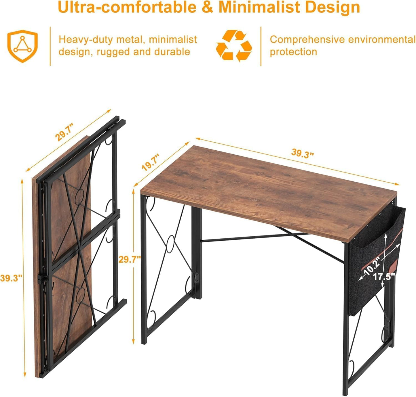 VECELO 39 Inch Folding Desk Simple Assembly, Writing Computer Desk for Home Office Study Office Foldable Table for Small Spaces,Classic Brown