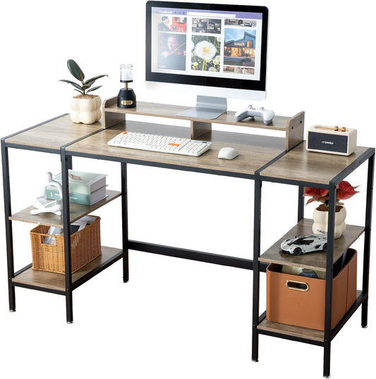 MINOSYS Gaming/Computer Desk - 47” Home Office Small Desk with Monitor Stand, Rustic Writing Desk for 2 Monitors, Adjustable Storage Space, Modern Design Corner Table.