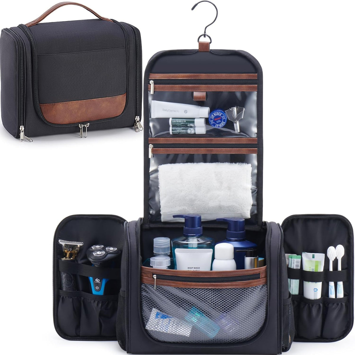 Ralnitote Large Hanging Toiletry Bag for Men, Travel Bathroom Bag with Hook, Hygiene Bag Organizer for Shower, Shaving & Grooming Essentials, Navy