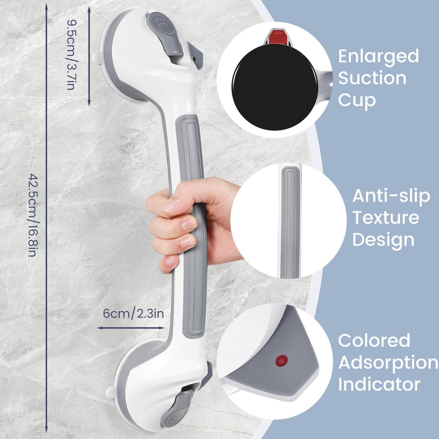 Reyiu Grab Bars for Shower, 16.5 Inch Shower Handle with Safety Indicators, Suction Cup Bathroom Grab Bar for Elderly, Seniors, Handicap - No Drill, Waterproof, Removable (2 Pack)