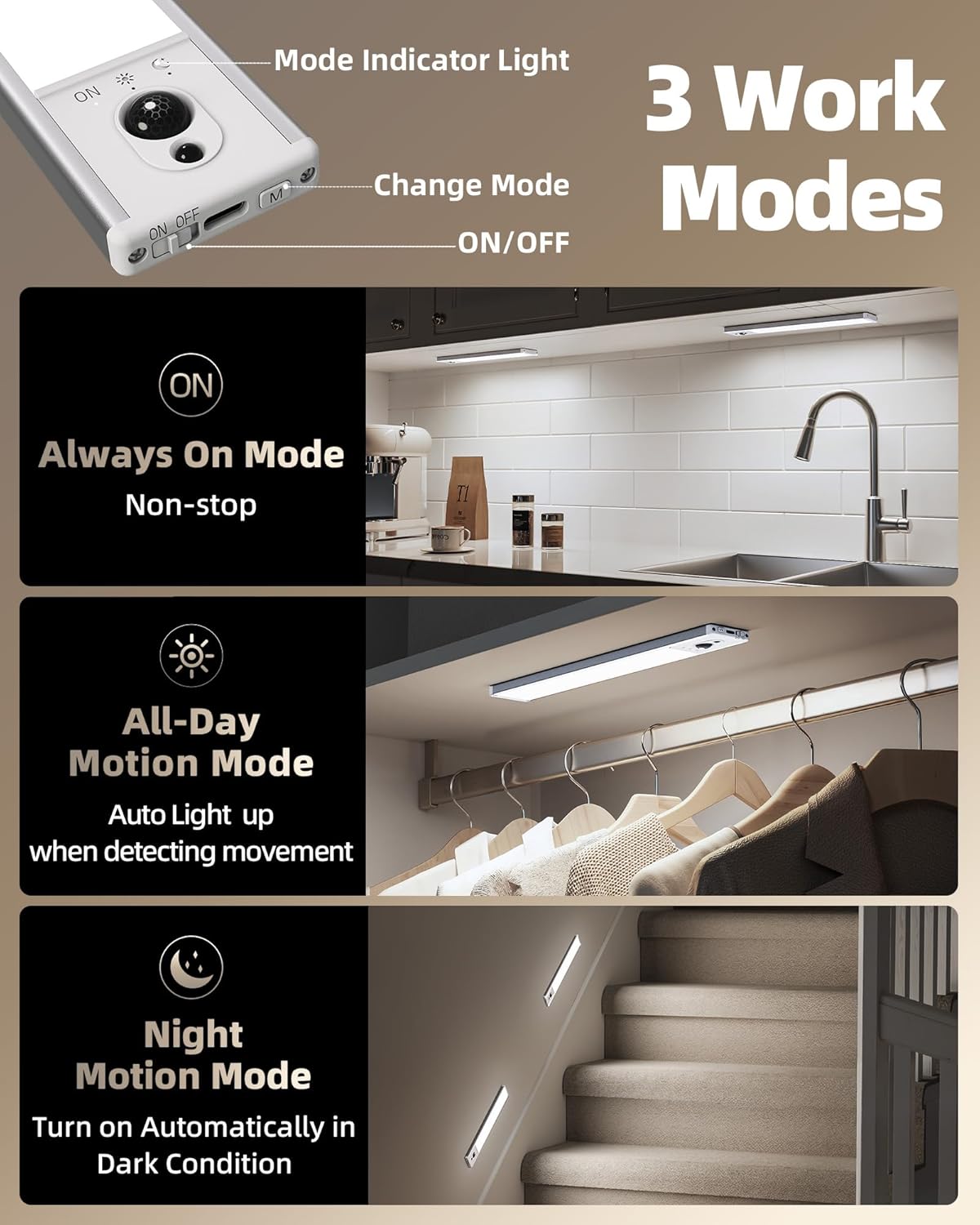 EZVALO 5-Pack Under Cabinet Lighting, 2400mAh Motion Sensor Light, LED Closet Lights Wireless, 6500K Dimmable, Timer, Magnetic, with Remote Control for Kitchen, Closet, Stair
