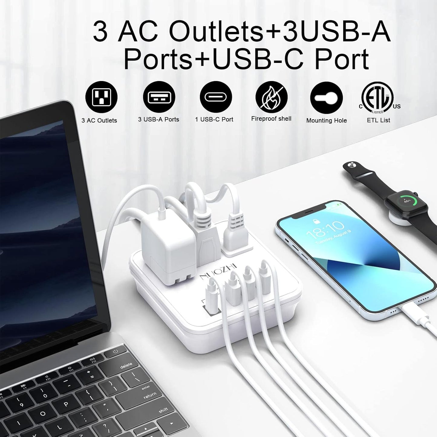 Cruise Essentials, NUOZHI 6 Ft Power Strip with 3 Outlets and 4 USB Ports(1 USB C), Non Surge Protector for Cruise Ship, Travel, Home Office, ETL Listed, White