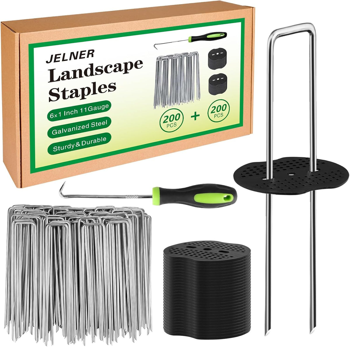 JELNER Garden Stakes,6 Inch 11 Gauge 200pcs Galvanized Landscape Staples and 200pcs Gaskets +1Pick Hook, Tent Stakes Landscaping Fabric SOD Pins for Weed Fabric Barrier,Groud Cover,Fence