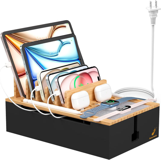 Pezin & Hulin Bamboo Charging Station for Multiple Devices-Natural+Black | USB Charger Dock Organizer, with Power Supply (10 Ports HUB), 6 Cables, Cable Management Organizer for Cell Phones, Tablet