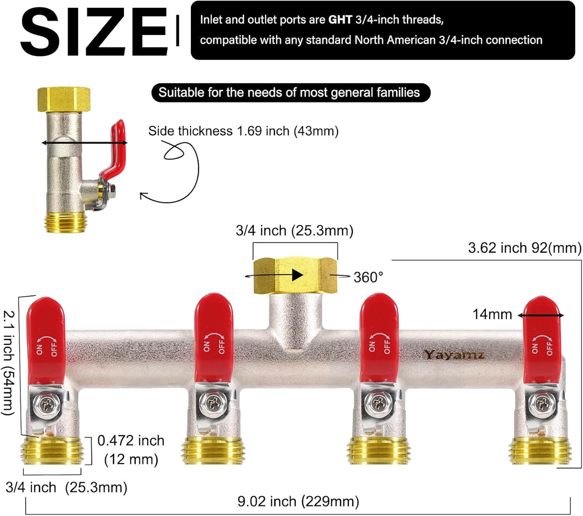 4 Way Garden Hose Splitter, 3/4" GHT Water Spigot Splitter (Red)