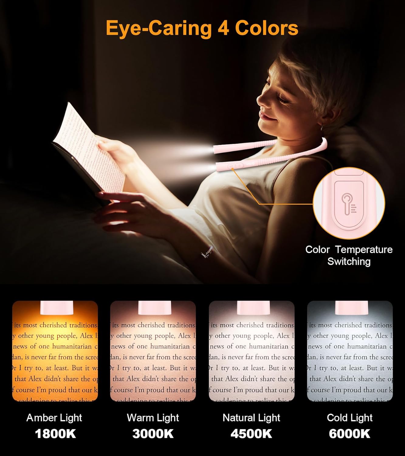 Gritin Book Light, Eye Caring 4-Color & 5-Brightness Neck Light Reading Light- Stepless Dimming,30-min Timer,80+ Hrs Runtime,Bendable Round Neck Design, Lightweight for Reading-Pink