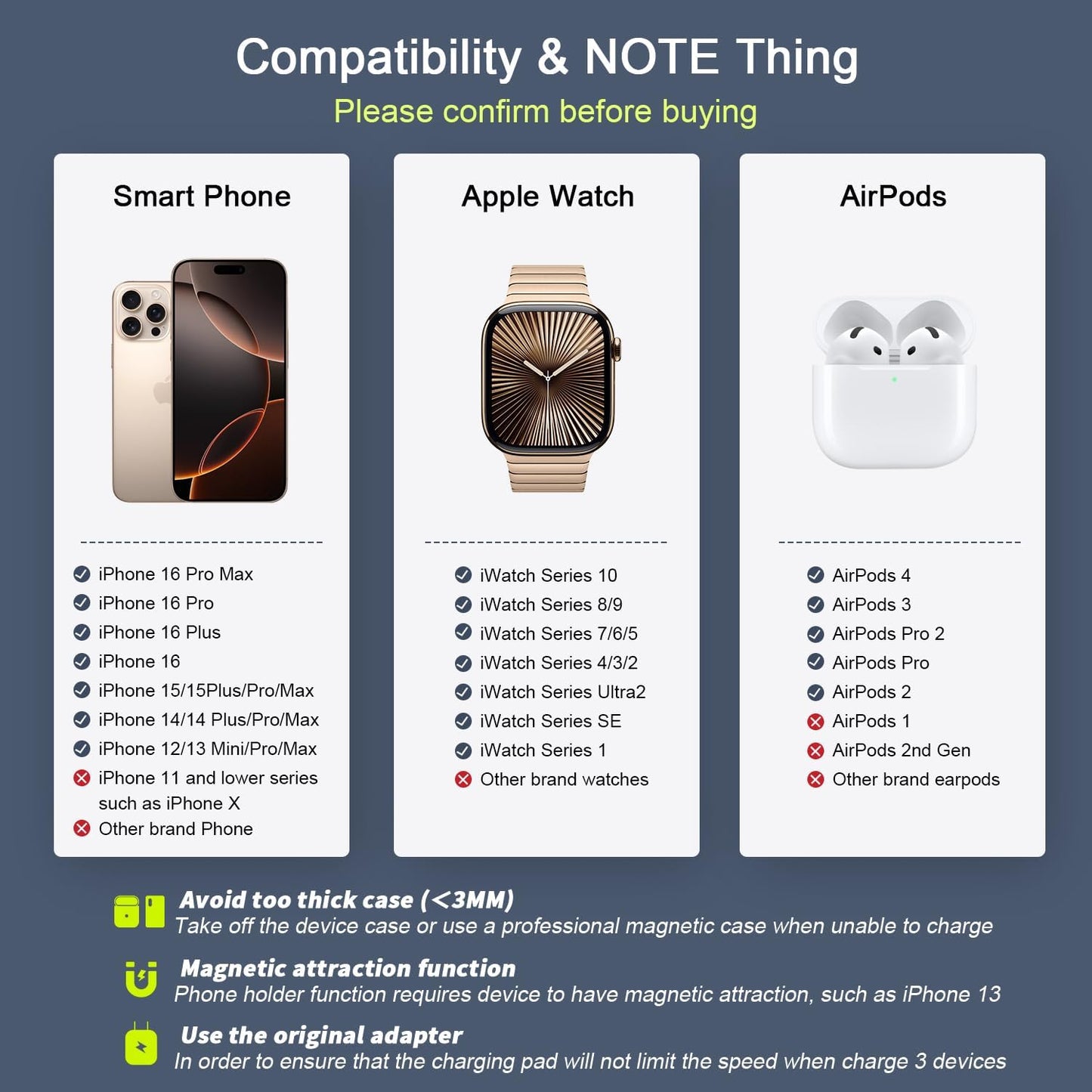 Wireless Charger 3 in 1,RTOPS Magnetic Traval Wireless Charging Station Multiple Devices,GaN 3 in 1 Charging Station,Compatible iphone17/16/15/14/13/Pro/Max,iWatch,AirPods4/3/2/Pro(Adapter Includes)