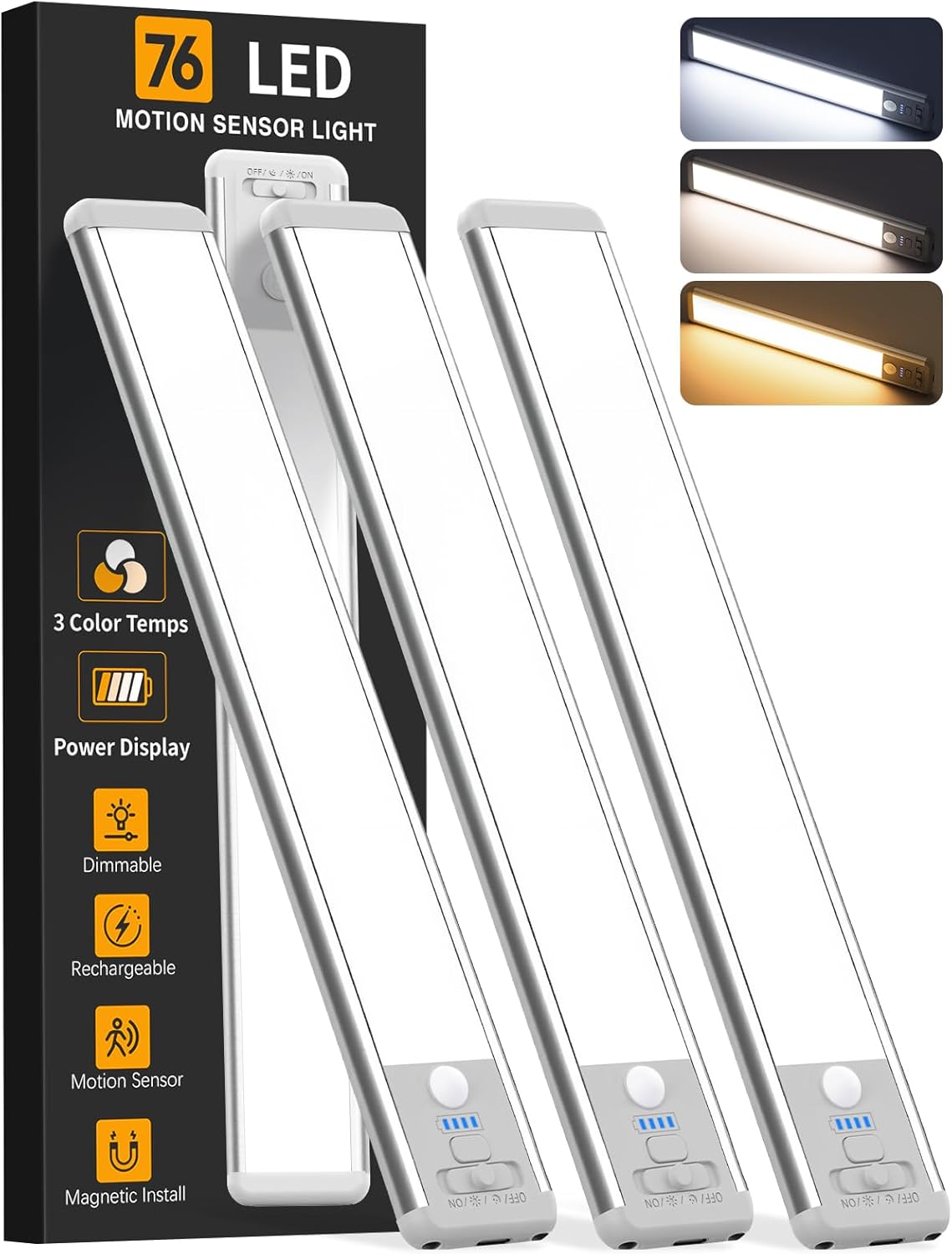 Under Cabinet Lighting Wireless, Rechargeable 10inch Motion Sensor Light Indoor, 3 Color Closet Light Battery Operated with LED Power Display, Magnetic Under Counter Lights for Kitchen, Home (3Pack)