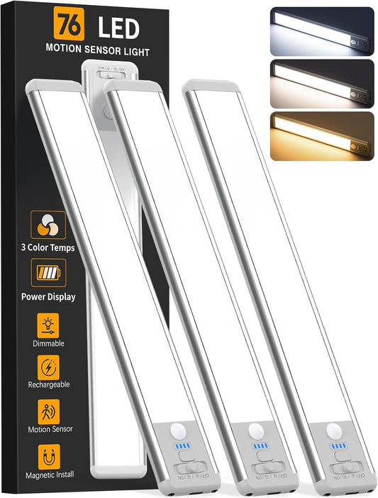 Under Cabinet Lighting Wireless, Rechargeable 10inch Motion Sensor Light Indoor, 3 Color Closet Light Battery Operated with LED Power Display, Magnetic Under Counter Lights for Kitchen, Home (3Pack)