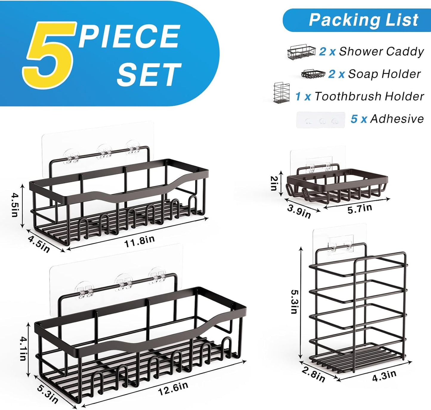 5-Pack Shower Caddy, No Drill Adhesive Shower Organizer, Rustproof Stainless Steel Bathroom Organizer, Space-Saving Bathroom Shelves for Apartment Essentials, Kitchen Storage Home Decorr-Larger