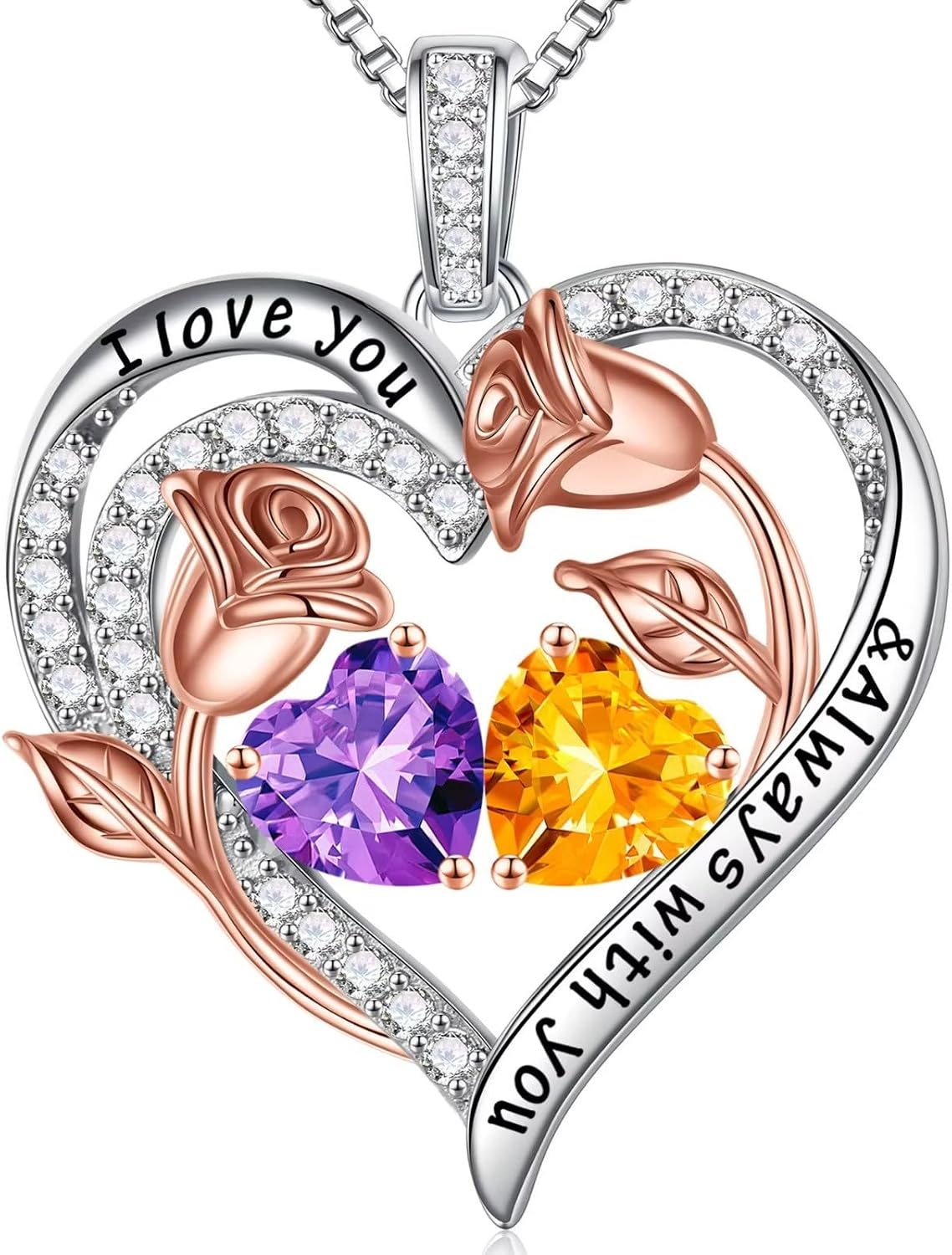 Iefil Birthstone Necklace for Women - Rose Heart Necklace