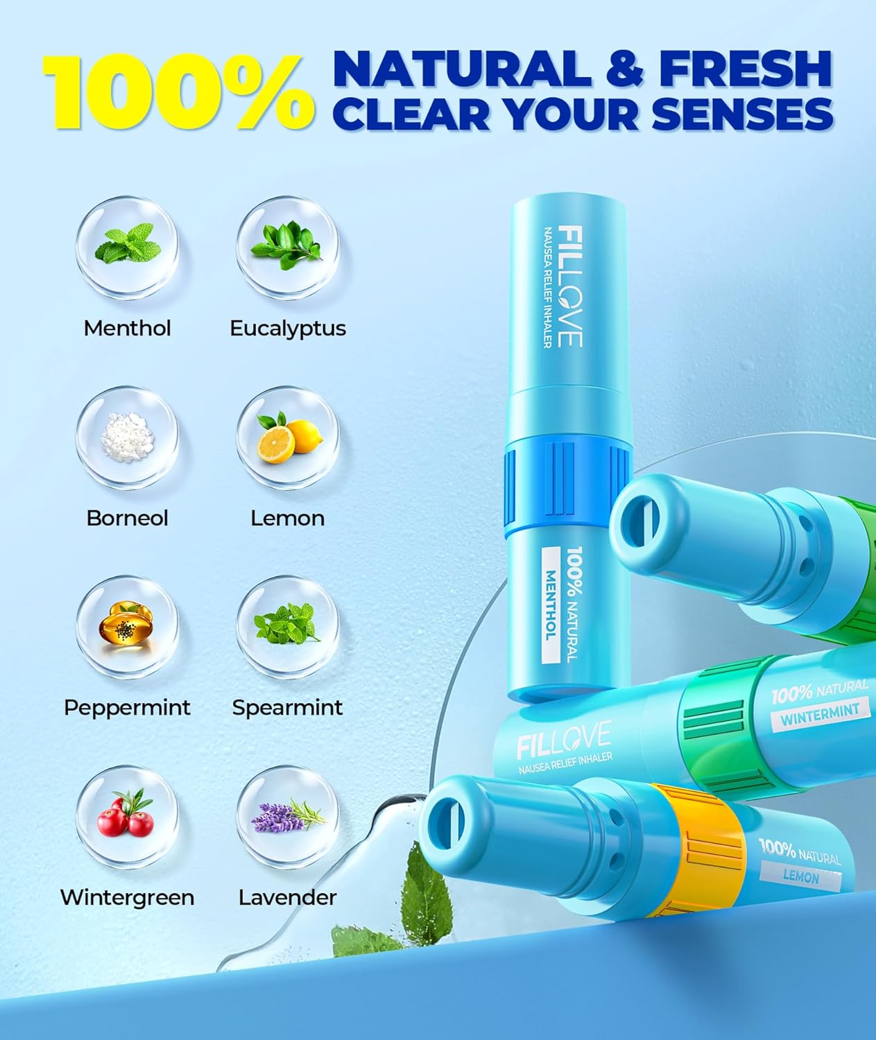 FILLOVE 1s Fast Nausea Relief Nasal Stick with 2-in-1 Motion Sickness Ease, 100% Natural Essential Oils for Pregnant Women, Non-Drowsy Travel Essentials & Cruise Essentials for Car, Airplane